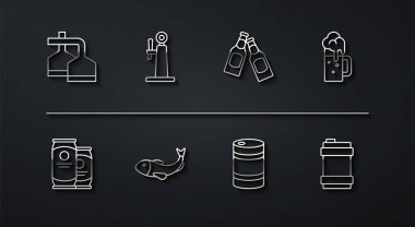 Bira demleme işlemini ayarlayın, kutu, tahta bira bardağı, metal fıçı, kurutulmuş balık, musluk suyu ve şişe ikonu. Vektör