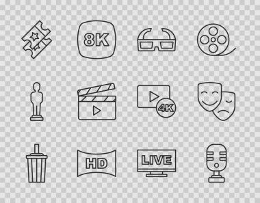 Su, mikrofon, 3D sinema gözlükleri, HD film, bant, çerçeve, sinema bileti, film alkışlayıcısı, canlı yayın ve komedi ve trajedi maskesi ikonu. Vektör