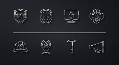 911 'i, itfaiyeci miğferini, baltasını, alev alev yanan yerini, gaz maskesini, megafonu ve ikonu arayın. Vektör