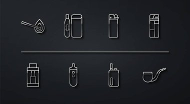 Hattı ateşle yakma kibriti, Vape mod cihazı, Çakmak, Elektronik sigara, pipo tüttürme ve ikon yok. Vektör