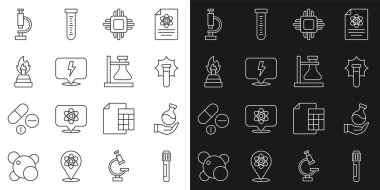 Hat test tüpü, şişedeki patlama, işlemci işlemcisi, yıldırım, alkol ruh yakıcı, mikroskop ve ayakta durma ikonu. Vektör