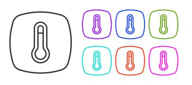 Beyaz arkaplanda siyah çizgi termostat simgesi izole edildi. Sıcaklık kontrolü. Simgeleri renklendirin. Vektör.