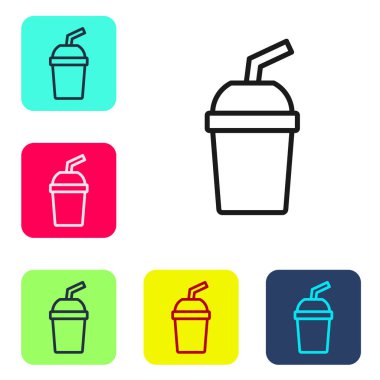 Siyah çizgi kağıt bardak, beyaz arka planda izole edilmiş saman ve su ikonu içeriyor. Soda bardağı. Taze soğuk içecek sembolü. Renkli kare düğmelerle simgeleri ayarla. Vektör