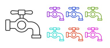 Siyah çizgi su musluğu simgesi beyaz arkaplanda izole edildi. Simgeleri renklendirin. Vektör