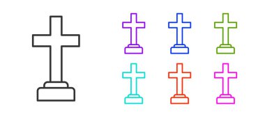 Siyah Çizgili Adam, beyaz arka planda izole edilmiş cenaze kederi simgesini mezarına gömdü. Üzüntü, üzüntü, keder, ölüm duygusu. Simgeleri renklendirin. Vektör