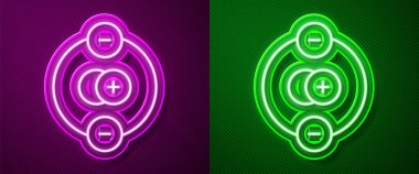 Parlayan neon hattı Atom simgesi mor ve yeşil arkaplanda izole edildi. Bilimin, eğitimin, nükleer fiziğin, bilimsel araştırmaların sembolü. Vektör