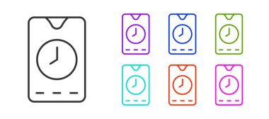 Siyah çizgi alarm saati uygulaması akıllı telefon arayüzü simgesi beyaz arkaplanda izole edildi. Simgeleri renklendirin. Vektör