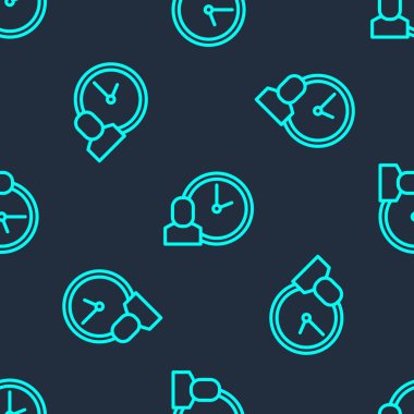 Yeşil çizgi çalışma zamanı simgesi mavi arkaplandaki kusursuz deseni izole etti. Ofis çalışanı. Çalışma saatleri. İş çantası. Vektör