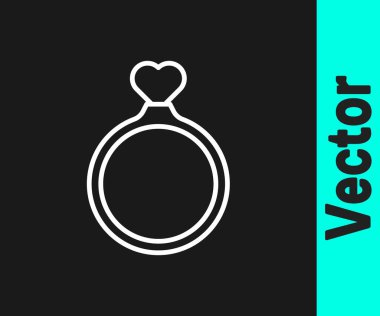 Beyaz çizgili alyans simgesi siyah arkaplanda izole edilmiş. Gelin ve damat mücevher tabelası. Evlilik sembolü. Elmas yüzük. Vektör