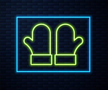 Parlayan neon hattı örgü ören bir çift eldiven ikonu tuğla duvar arkasında izole edilmiş. Mitten simgesi. Mutlu Noeller ve mutlu yıllar. Vektör