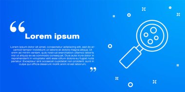 Büyüteç simgesi altındaki beyaz çizgi mikroorganizmalar mavi arkaplanda izole edilmiş. Bakteri ve mikroplar, hücre kanseri, mikrop, virüs, mantar. Vektör