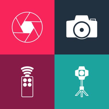 Pop sanat Softbox ışığı, kamera için uzaktan kumanda, Fotoğraf ve Kamera deklanşör simgesini ayarlayın. Vektör
