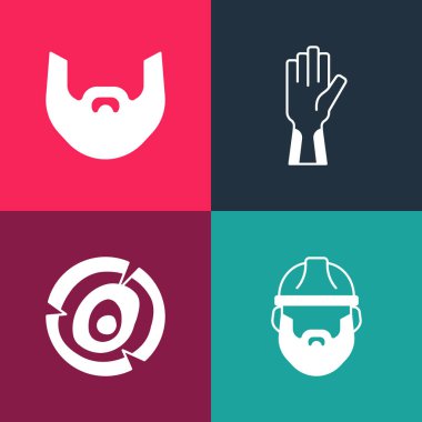 Pop sanat oduncuları, tahta kütükler, koruyucu eldivenler, bıyık ve sakal ikonu. Vektör