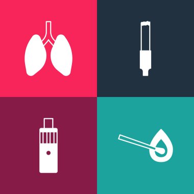 Pop sanat yakma kibritini ateşle, Vape mod cihazını sigara ve akciğer ikonuyla ayarla. Vektör