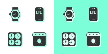 Takvim yazını, Kol saatini, Zaman dilimi saatlerini ve Alarm uygulamasının mobil simgesini ayarla. Vektör