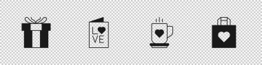 Hediye kutusu, Sevgililer Günü partisi broşürü, kahve fincanı ve kalp ve ikonlu alışveriş çantası. Vektör