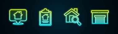 Evi, kontratı, Arama ve Garajı olan bir hat belirleyin. Parlayan neon ikonu. Vektör