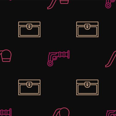 Hattı, tüttürme piposunu, antika hazine sandığını ve dikişsiz desenli antika tabancaları ayarla. Vektör