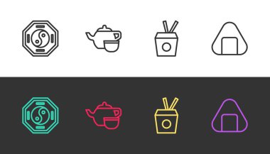 Sıra Yin Yang, Çin çay seremonisi, erişte kutusu, çubuk ve siyah beyaz suşi. Vektör