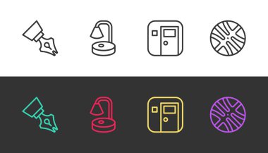 Set hattı dolmakalem ucu, masa lambası, okul sınıfı ve basketbol topu siyah beyaz. Vektör