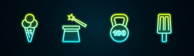 Dondurmayı waffle külahına koy, sihirli şapka ve değnek, ağırlık ve... Parlayan neon ikonu. Vektör