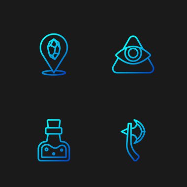 Ahşap balta, iksir şişesi, sihirli taş ve Tanrı 'nın her şeyi gören gözü. Renk simgeleri. Vektör