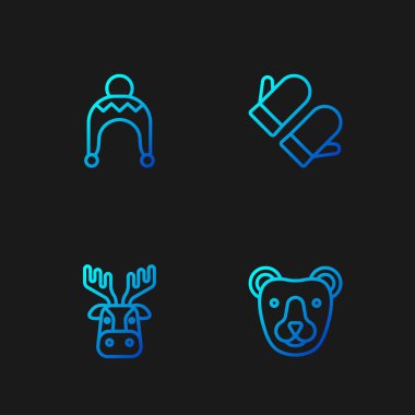 Çizgi Ayı kafası, boynuzlu geyik, kış şapkası ve Noel eldiveni. Renk simgeleri. Vektör