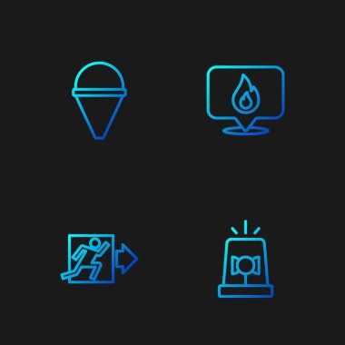 Flasher Sireni 'ni, yangın çıkışını, koni kovasını ve alev alan yeri ayarlayın. Renk simgeleri. Vektör