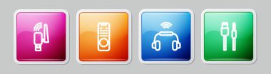 Hattı ayarla Usb kablosuz adaptör, uzaktan kumanda akıllı kulaklık sistemi ve USB kablo kablosu. Renkli kare düğme. Vektör