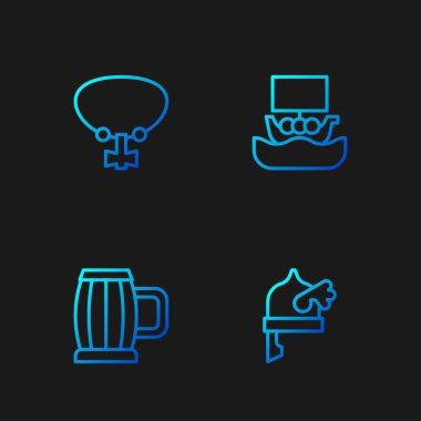 Boynuzlu miğferli Viking hattı, tahta bira kupası, değerli taşlı kolye ve gemi Drakkar. Renk simgeleri. Vektör