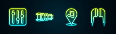 Hat ses karıştırıcı kontrolörü, ksilofon, konum notası ve hava kulaklığı. Parlayan neon ikonu. Vektör