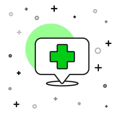 Tıbbî harita işaretçisi ile doldurulmuş beyaz arka planda izole edilmiş çapraz hastane ikonu. Vektör