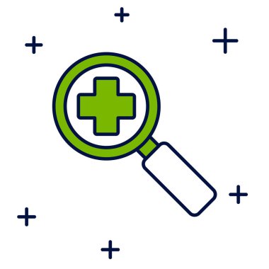 Arama tıbbi simgesi için ana hatları doldurulmuş büyüteç beyaz arka planda izole edilmiş. Hastane araması. Vektör