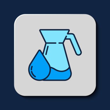 Mavi arka planda izole edilmiş, ana hatlı sürahi bardağı ve su ikonu. Su için çaydanlık. İçme suyu dolu cam sürahi. Vektör