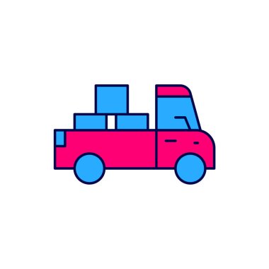 Filled outline Delivery truck with cardboard boxes behind icon isolated on white background.  Vector