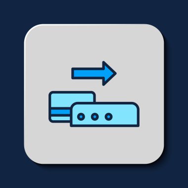 Pos terminalini mavi arkaplanda izole edilmiş eklenmiş kredi kartı simgesiyle doldurdum. Ödeme terminali işlemi. Kartla öde. Vektör