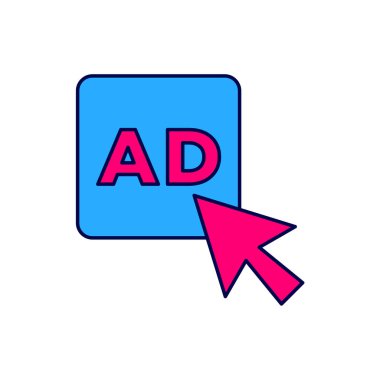 Doldurulmuş ana hat reklam simgesi beyaz arkaplanda izole edildi. Pazarlama ve tanıtım süreci kavramı. İlgili reklamlar. Sosyal medya reklamcılığı. Vektör