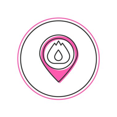 Beyaz arkaplanda izole edilmiş ateş alev ikonu ile ana hatlı harita işaretleyicisi. Yakında yangın var. Vektör