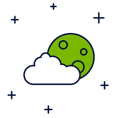 Doldurulmuş Ay ve yıldız simgesi beyaz arkaplanda izole edildi. Bulutlu gece işareti. Uyku rüyalarının sembolü. Dolunay. Gece ya da yatak zamanı tabelası. Vektör