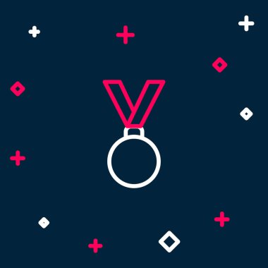 Mavi arkaplanda çizgi madalyası simgesi izole edildi. Kazanan başarı işareti. Ödül madalyası. Renkli taslak konsepti. Vektör