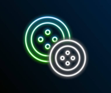 Siyah arkaplanda izole edilmiş giysi simgesi için parlayan neon çizgisi dikiş düğmesi. Giysi düğmesi. Renkli taslak konsepti. Vektör