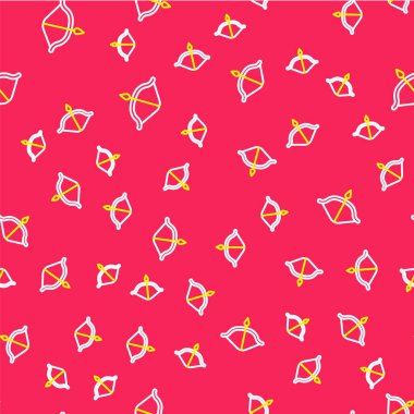 Çizgi Ortaçağ yayı ve ok simgesi kırmızı zeminde izole edilmiş kusursuz desen. Ortaçağ silahı. Vektör