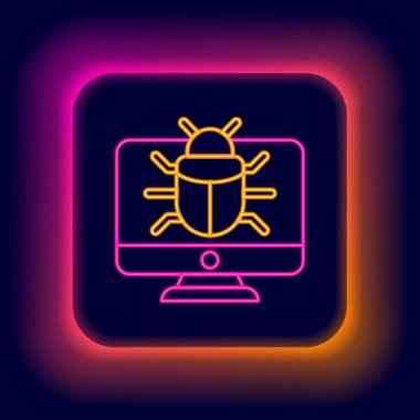 Siyah arkaplanda izole edilmiş monitör simgesindeki parlak neon hattı sistem hatası. Kod hatası konsepti. Sistemde hata var. Böcek araması. Renkli taslak konsepti. Vektör