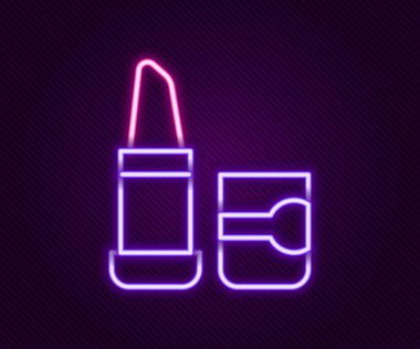 Parlayan neon çizgisi ruj simgesi siyah arkaplanda izole edildi. Renkli taslak konsepti. Vektör