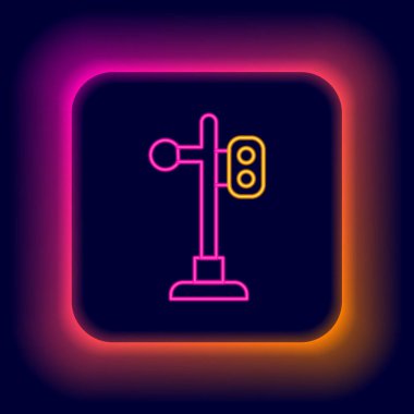 Parlayan neon hattı trafik ışığı simgesi siyah arkaplanda izole edildi. Trenlerin hareketlerini düzenlemek için demiryolu için trafik ışıkları. Renkli taslak konsepti. Vektör