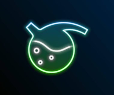 Parlayan neon hattı test tüpü ve kimyasal test ikonu siyah arkaplanda izole edildi. Laboratuvar cam levhası. Renkli taslak konsepti. Vektör