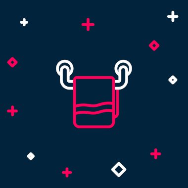 Mavi arkaplanda izole edilmiş bir askı simgesi üzerinde çizgi havlusu. Banyo havlusu ikonu. Renkli taslak konsepti. Vektör