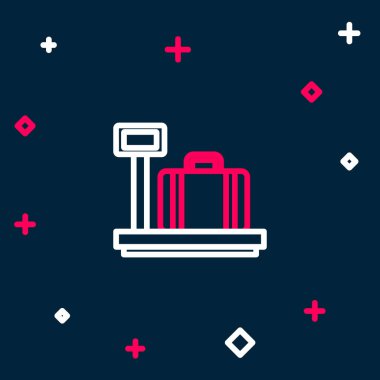 Mavi arkaplanda bavul simgesi olan satır ölçeklendirmesi. Lojistik ve teslimat. Dağıtım paketinin ağırlığı bir ölçekte. Renkli taslak konsepti. Vektör