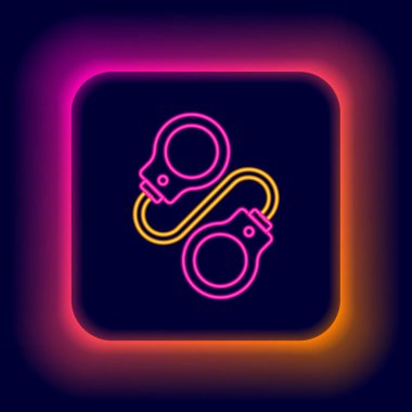 Parlak neon çizgili kelepçe simgesi siyah arkaplanda izole edildi. Renkli taslak konsepti. Vektör