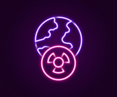 Dünya Gezegeni 'nin parlak neon hattı ve siyah arkaplanda izole edilmiş radyasyon sembolü. Çevresel konsept. Renkli taslak konsepti. Vektör